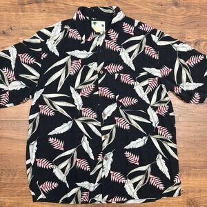 Banana Cabana Mens Large 100% Silk Black Floral Hawaiian Shirt Resort Vacation